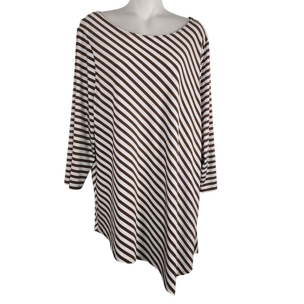 Chico’s Easywear Women’s Top Size 3 US XL Brown White Striped Asymmetrical Hem